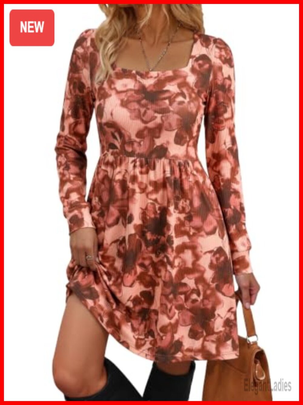 Women's Floral Ribbed Knit Square Neck Mini Dress with Pockets